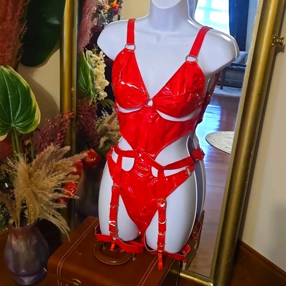 Foreplay BDSM Wet Look Red Strappy Lingerie Set